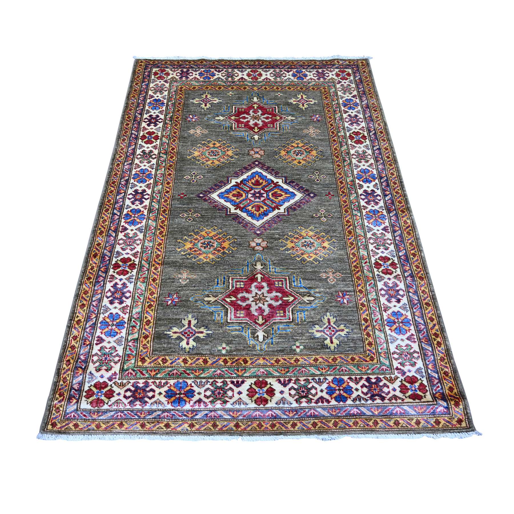 Dim Gray, Afghan Super Kazak with Geometric Medallions Design, Hand Knotted, Pure Wool, Vegetable Dyes, Oriental Rug